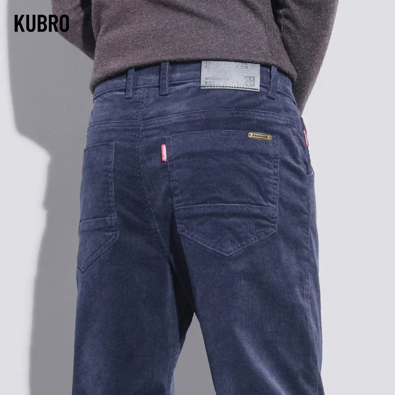 KUBRO High Quality Corduroy Fabric Men's Business Casual Trousers Autumn Korean Style Small Straight Slim Versatile Cargo Pants.