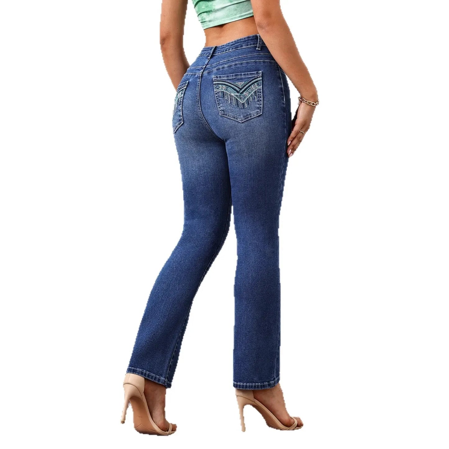 Classic Retro Style Solid Color Denim Pants Elastic Slimming Flared Long Trousers High Waist Jeans Women's Fashion Decorative Bu.