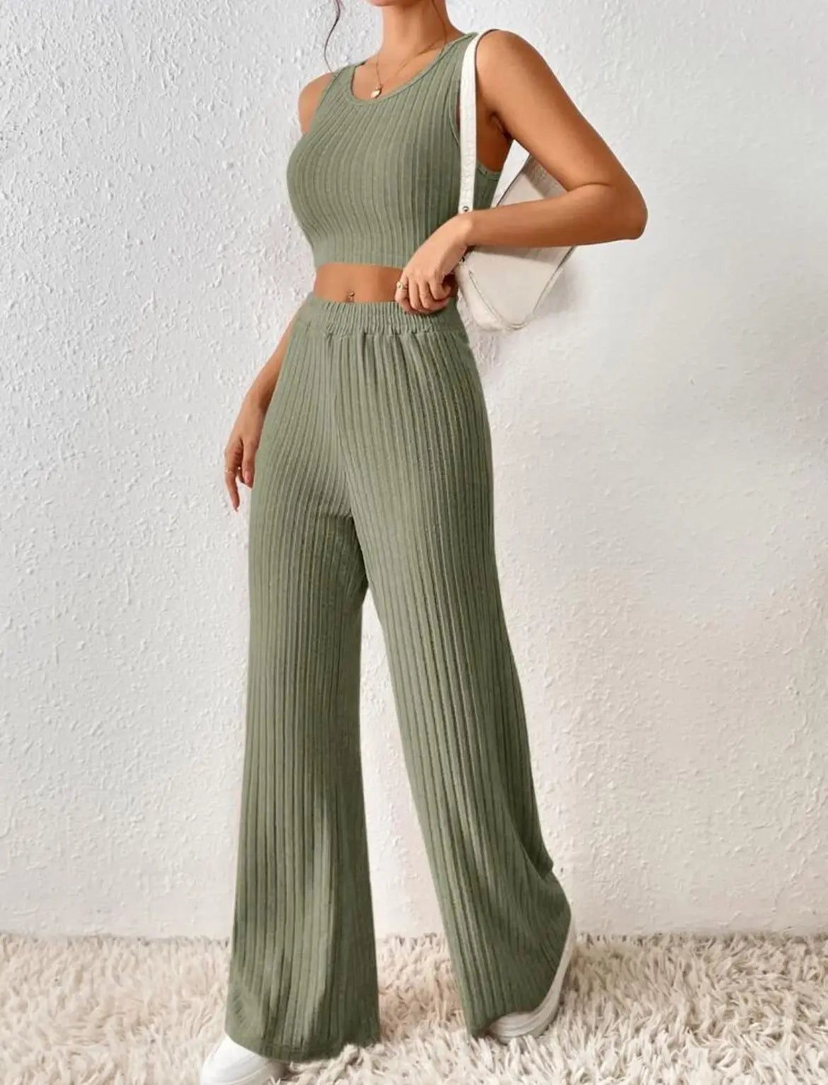 New Spring Solid Color Fashion Casual Knitted Cotton Waist Sleeveless Tank Top High Waist Pants Set For Women's Clothing.