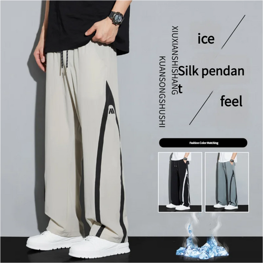 2025 Summer Ice Silk Casual Pants Boys Casual Peplum Pants Handsome Straight Colorblocking Sports Pants.