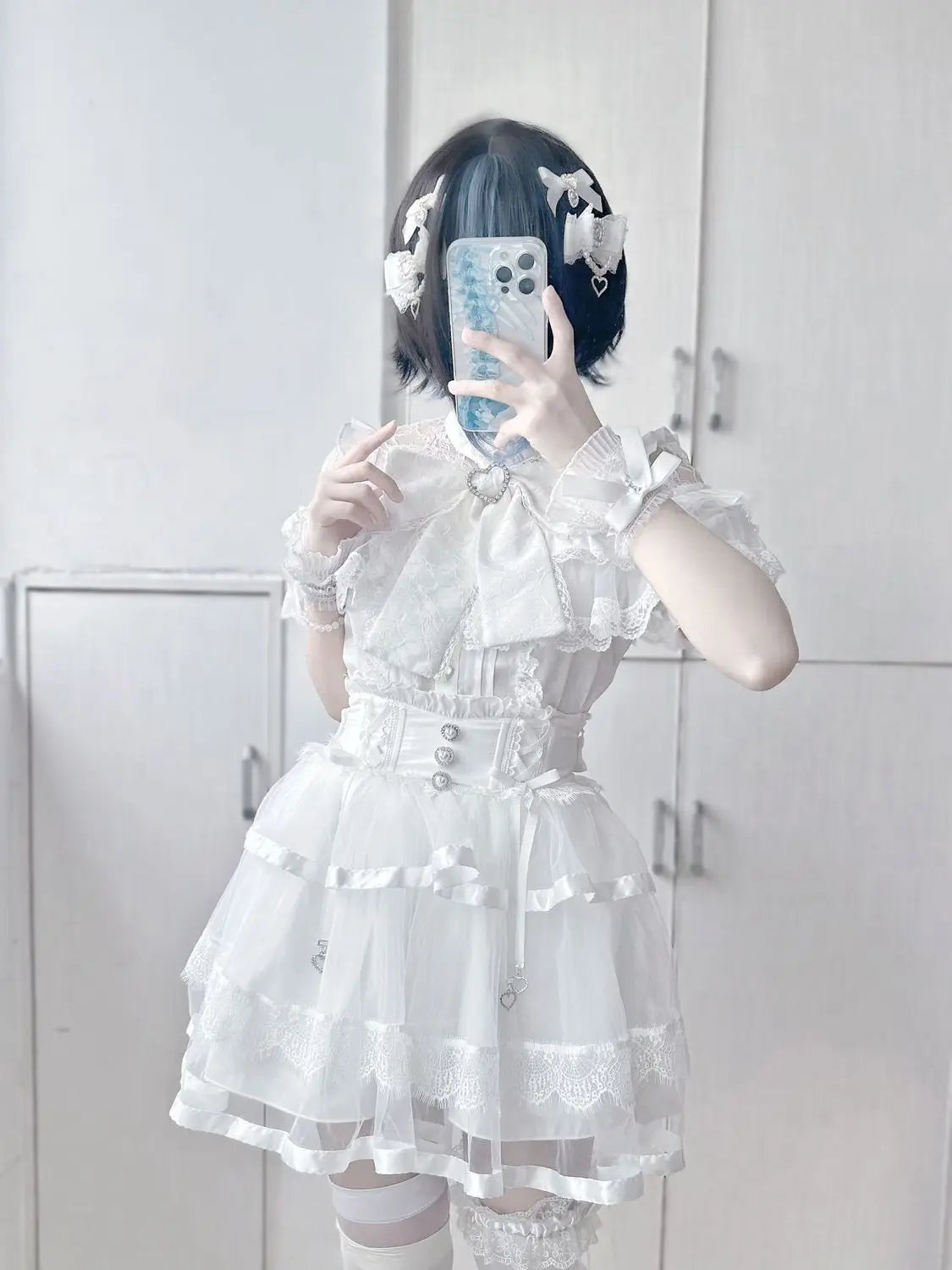 Japanese Mine Lolita Bow Shirt Subcultural Shirts Female Cute Black and White Lace Long-sleeved Short-sleeved Blouse Women.