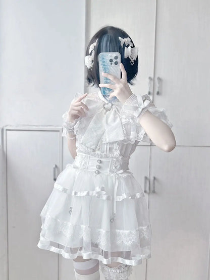 Japanese Mine Lolita Bow Shirt Subcultural Shirts Female Cute Black and White Lace Long-sleeved Short-sleeved Blouse Women.