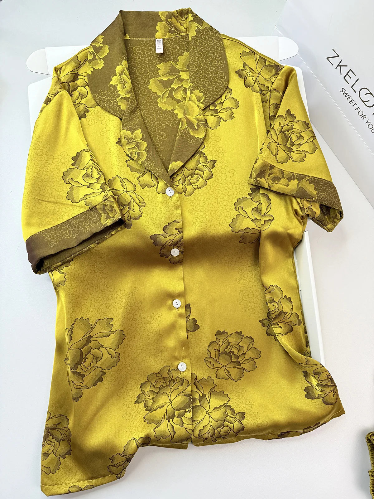 Chinese Style Print Flower 3PCS Pajamas Set Loungewear Summer New Women Sleepwear Short Sleeve Trouser Suit Silk Satin Homewear.