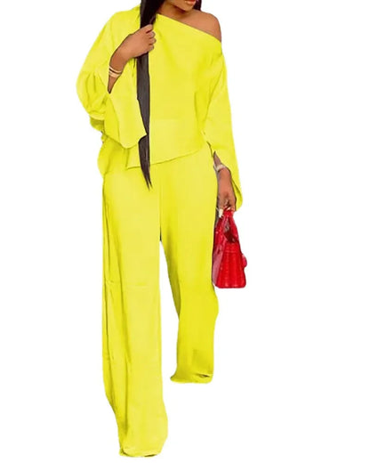 Fashion Hot Sale Women Casual Street Style Long Sleeve Card Shoulder Top Elastic Long Pants Two Piece Set Wholesale Dropshipping.