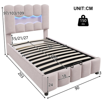 Modernes Polsterbett, 90 x 200 cm, ohne Matratze, LED-Beleuchtung, mit hydraulischem Gerät, verstellbarer Kopfteil, Samt, Grau