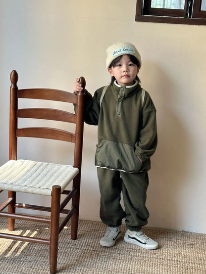 2025 Winter New Children Polar Fleece Sweatshirt Set Boys Girls Plus Velvet Thick Warm 2pcs Suit Kids Casual Sports Outfits