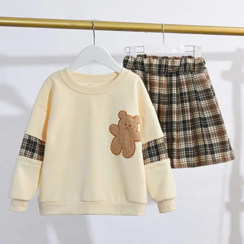 3-14 Years Teenager Girls Outfits Cute Bear Sweatshirt + Plaid Skirt 2Pcs Suit For Girls Birthday Present Children Clothing Sets.