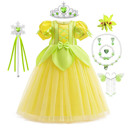 Tiana Fancy Prinzessin Kleid für Mädchen Geburtstag Party Kostüm Kinder Rollenspiel Ballkleid Kinder Karneval Performance Kleidung