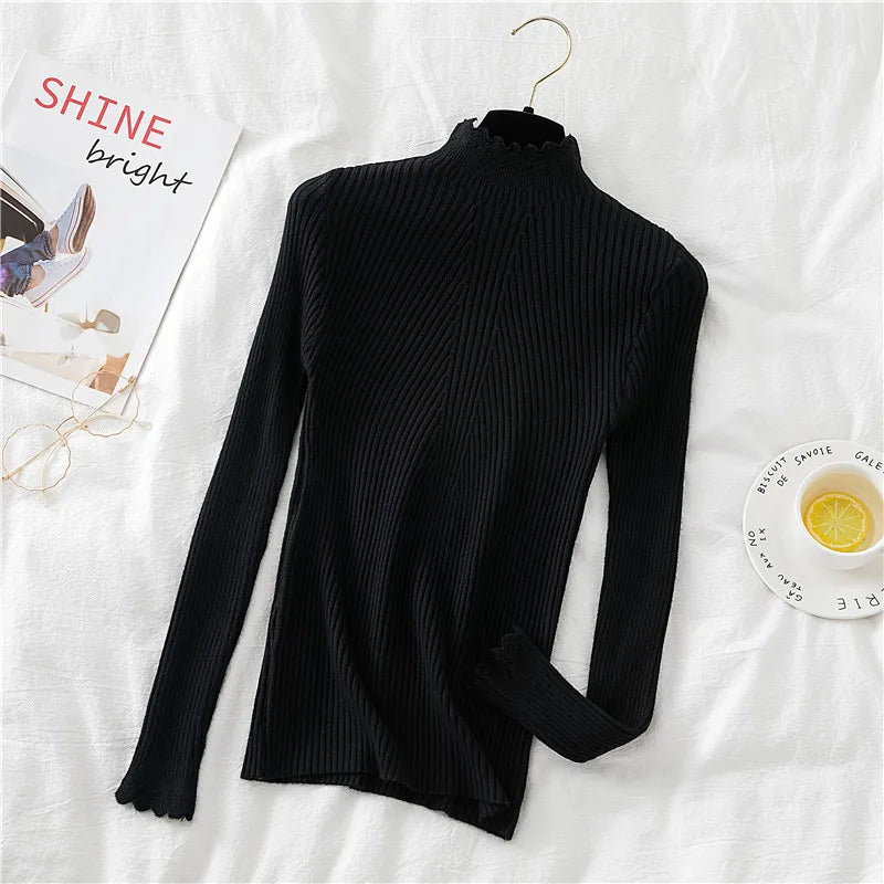 2026 weibliche Dünne Koreanische Strickwaren Tops Herbst Winter Pullover Frauen Hohl-out Pullover Langarm Rollkragenpullover.