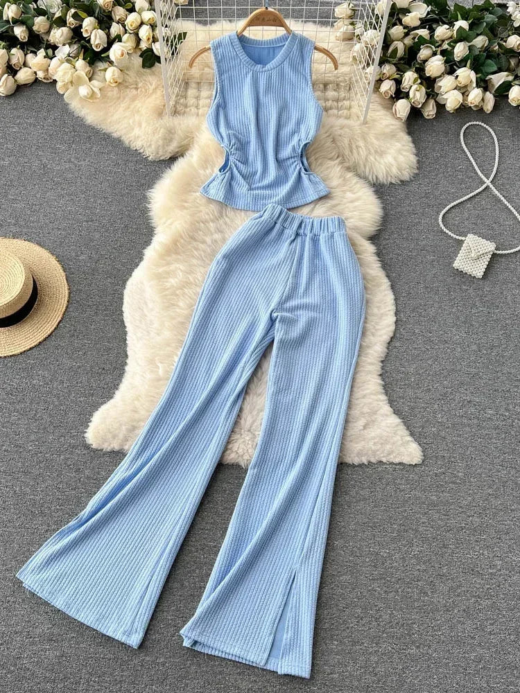 Korean Suits Women's Two Piece Set Summer Slim Fit Sleeveless O-neck Tops High Waist Slits Trousers Two-piece Suit Female D1109.