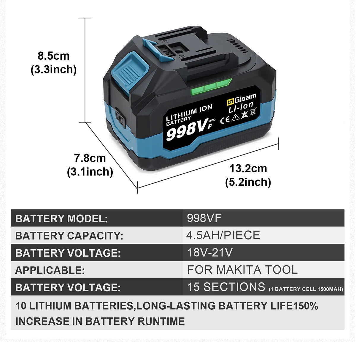 GΣ 4,0 Ah 4,5 Ah wiederaufladbarer Lithium-Ionen-Akku für Akku-Schleif-/Bürstenlosen Schraubenschlüssel/Schraubendreher für 18-V-Akkus von Makita
