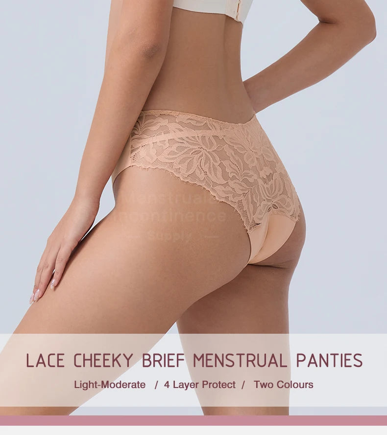 Women Period Panties 4-Layer Leakproof Lace Cheeky Brief High Absorbency Reusable Breathable Menstrual Panties.