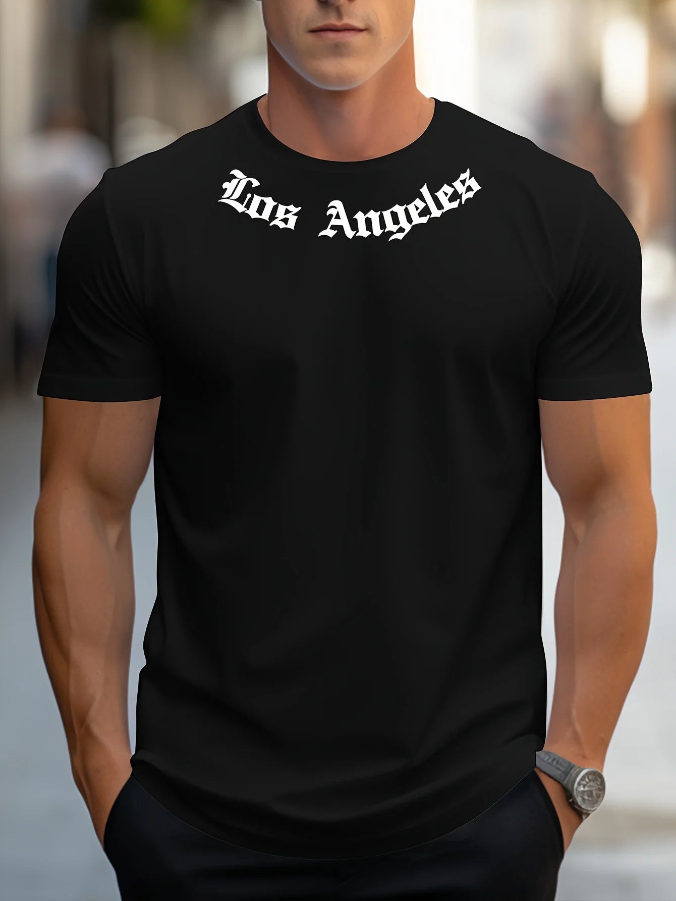 Men's 100% cotton summer loose size Los Angeles Graphic printed slim fit casual sports round neck short sleeved T-shirt top.