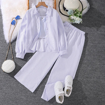 Spring Hot Sale Kids Outfit 4-12 Years Girls Striped Long Sleeve Chemise + Casual Loose Straight Leg Pants Shirt Suit 2Pcs Set.