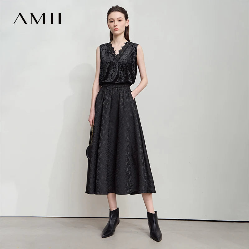 AMII 2025 Arrival Autumn Black A-line Women Skirt  Luxury Style Simple Elegant Elastic Waistband Offcial Lady Blouse 12523037.