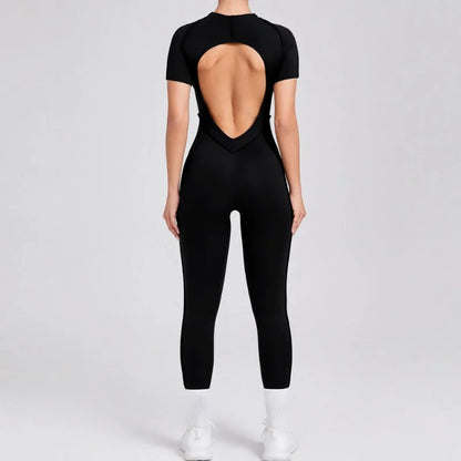 Seamless Yoga Jumpsuits Sports Fitness Hip-lifting Backless Short-sleeved One-piece Workout Gym Leggings Tracksuits for Women.