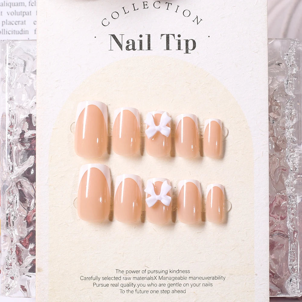 24Pcs White French Press On Nails 3D Bow Design Full Cover Wearable False Nails Short Square Head Ballet Fake Nails For Women.
