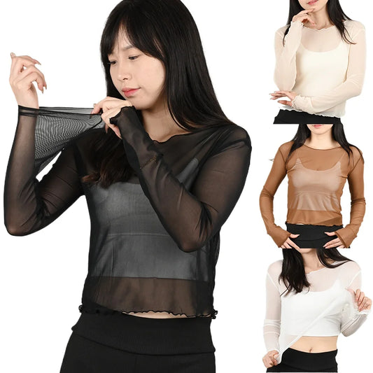 Summer Women Sunscreen T-shirt Girls Sexy Black Mesh Long-sleeved Tops Famale Ice Silk Transparent Sheer Bottom Blouses Shirts.