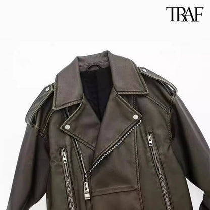 TRAF Damen Vintage lose Lederjacke Gürtel Schulter Abzeichen Zip Revers Jacke Handsome Washed Leder Motorrad Kleidung