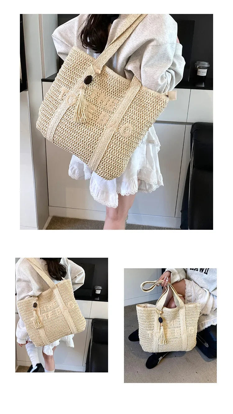 Summer Fashion Women's Large Capacity Shoulder Bag Straw Woven Bag Letter Embroidery Handbag Casual Female Tote Bag Beach Bags.