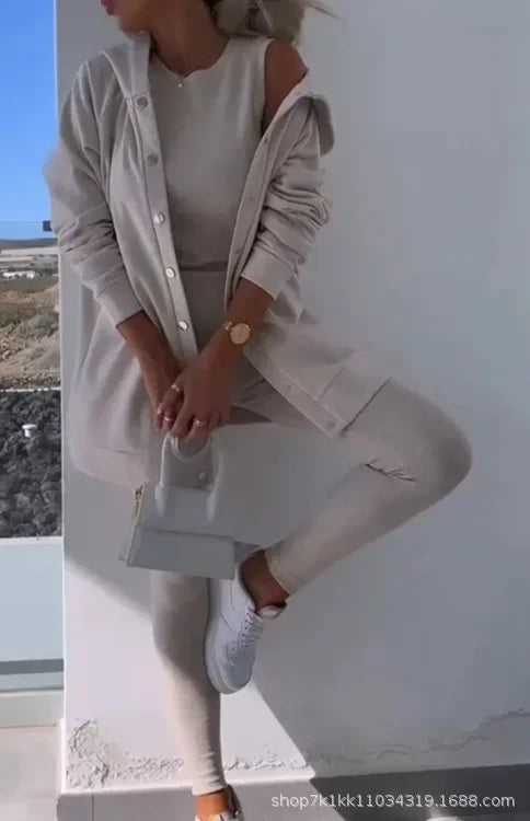 Women 3pcs Clothes Set Solid Color Sports Singel Breasted Shirt Jacket & Sleeveless Cami Tank Top & Slim Skinny Pants.