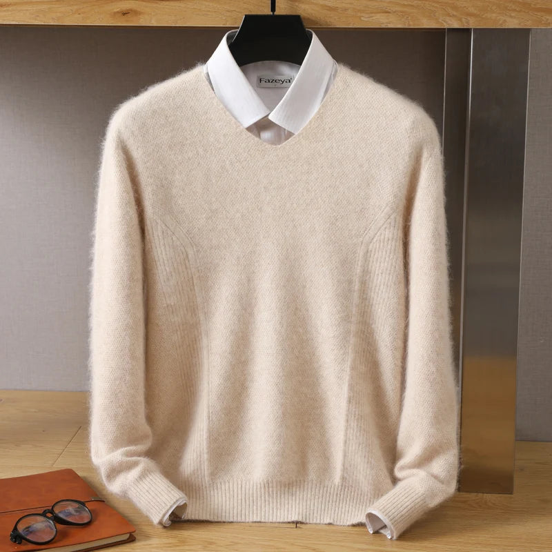 Men's 100% Pure Mink Cashmere Sweater V-Neck Pullovers Knit Large Size Mink Sweater Winter New Tops Long Sleeve High-End Jumpers