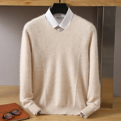 Men's 100% Pure Mink Cashmere Sweater V-Neck Pullovers Knit Large Size Mink Sweater Winter New Tops Long Sleeve High-End Jumpers
