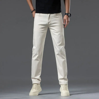 2024 New Summer Thin Men's Straight Denim Cotton Stretch Creamy-white Jeans Classic Business Pants Fashion Trousers Male Brand.
