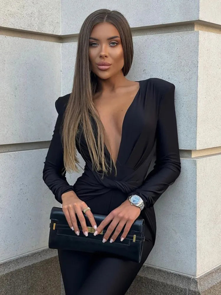 Mozision Deep V Neck Long Sleeve Skinny Jumpsuits Women Rompers Elegant Black High Waist Ruched Slim Sexy Jumpsuit Outfits.