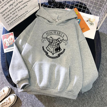 Fashion y2k Hogwarts Printed Hoodies Women Sweatshirt Autumn Winter Long Sleeves Plus Velvet Casual Loose Fleece Tops Oversized.