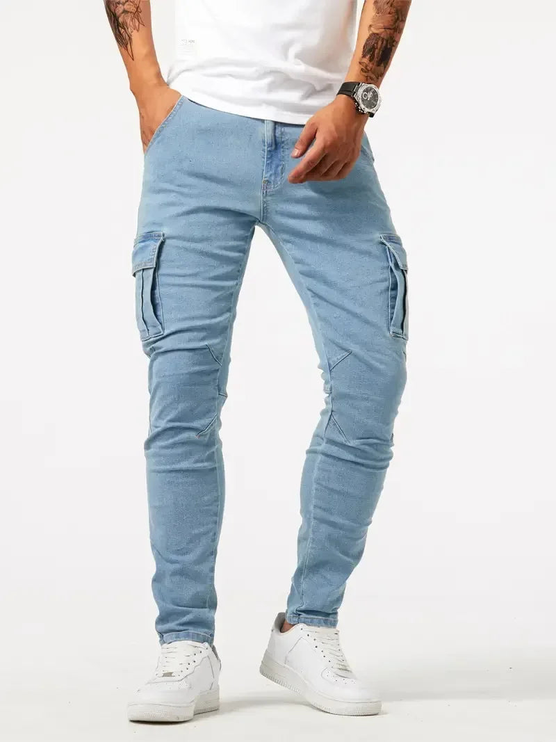 Street Elastic Jeans Men Denim Cargo Pants Wash Solid Color Multi Pockets Casual Mid Waist Trousers Slim Fit Daily Wear Joggers.