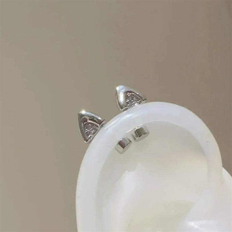 Silver Color Cat's Ear Droplet Shaped Zircon Stainless Steel Ear Bone Nail Earring for Women New Trendy Body Piercing Accessorie