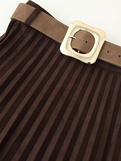 European and American style autumn new fashion trend casual simple women's matching belt suede effect pleated midi skirt.