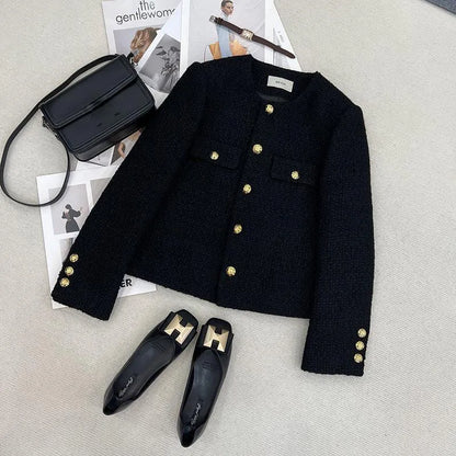 Schwarz Tweed Jacken Frauen Koreanische Mode Metall Schnalle Design Kurze Mäntel Frau Herbst Winter Einreiher Oansatz Oberbekleidung