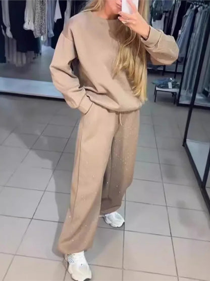 Fall Winter Rhinestone Shiny Loose Fit Set Women O Neck Sweatshirt Pullover Tie-up Pants Tracksuit Retro Loose Sport 2 Pice Set.