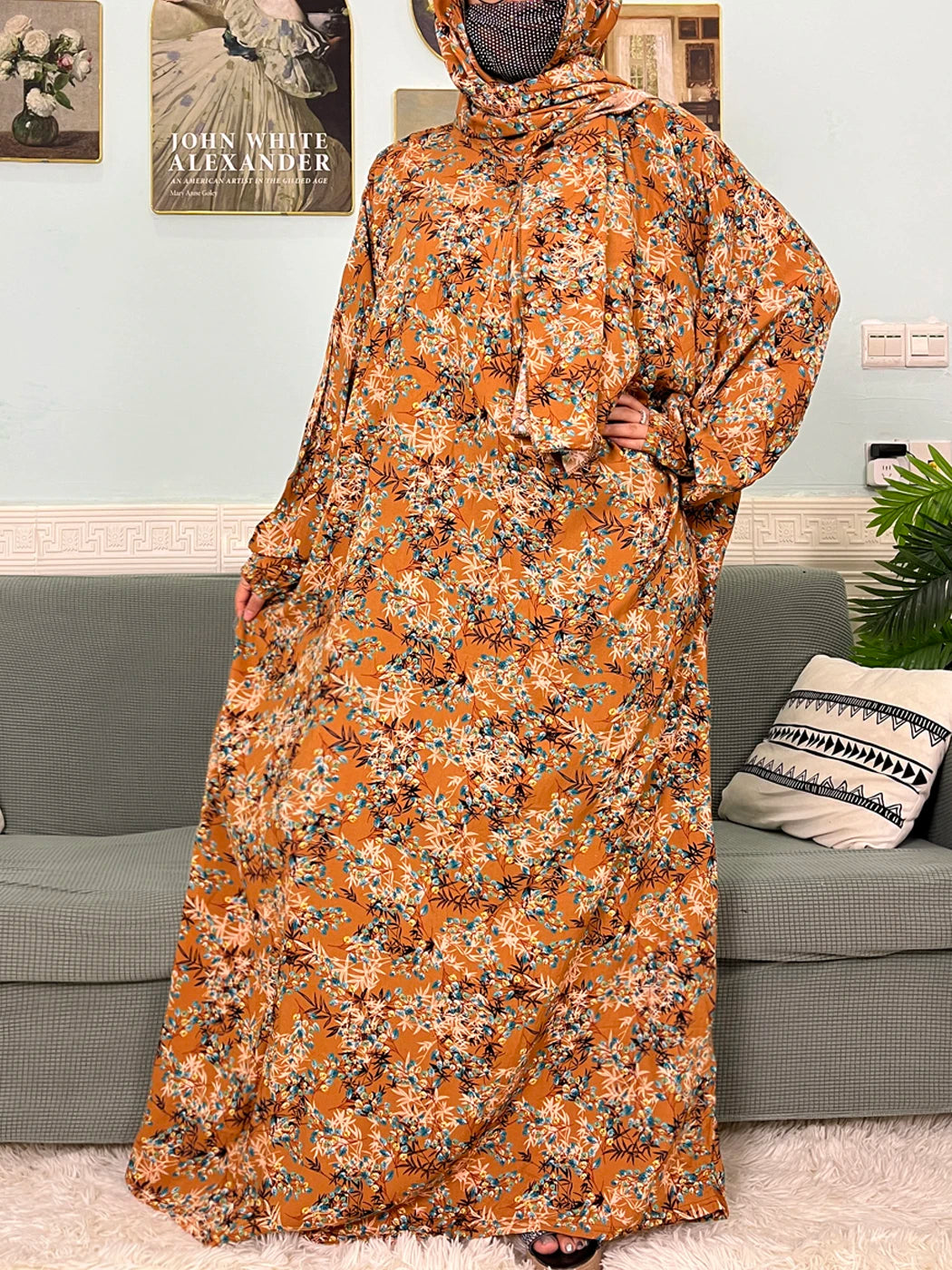 Muslim Cotton Abayas For Women Traditional Floral Ramadan Prayer Garment African Caftan Marocain Femme Robe Connected Headscarf.