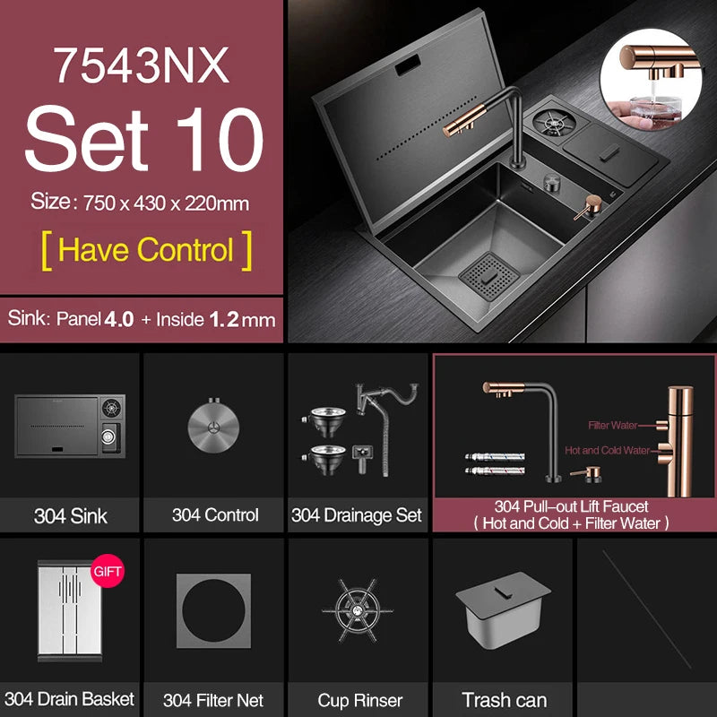 ASRAS Nanometer Hidden Flip Cover kitchen Island Sink 4mm Thickness Handmade Cup Rinser And Trash Can Kitchen Sinks