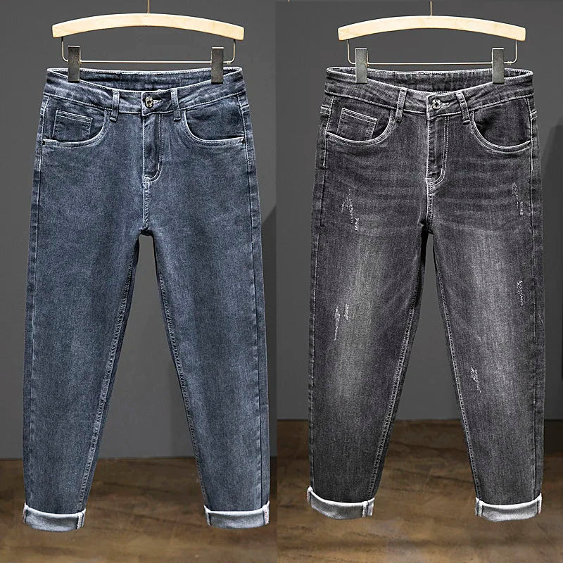 2024 New Spring Autumn Men's Nine-Point Pants Slim Jeans Fashion Casual Denim Trousers Smoke Gray Blue Gray Brand Clothing.
