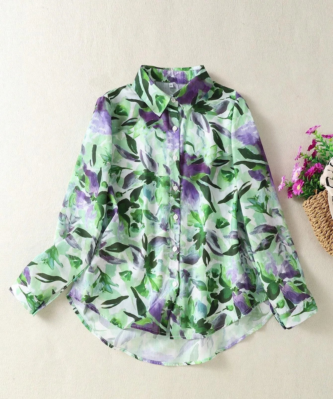 Ladies long sleeve shirt new style floral pattern shirt French style simple daily button casual women's top.