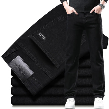 Spring Autumn New Men's Pure Black Slim Jeans Elastic Straight Pants Business Fashion Leisure Korean Vintage Denim Pants Male.