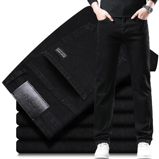 Spring Autumn New Men's Pure Black Slim Jeans Elastic Straight Pants Business Fashion Leisure Korean Vintage Denim Pants Male.