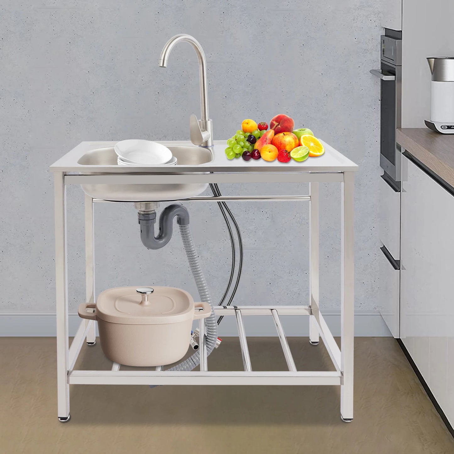 Freistehendes Waschbecken aus Edelstahl mit 360° °   Wasserhahn-Spüle mit Ablagefach, Handwaschstation für die Restaurantküche