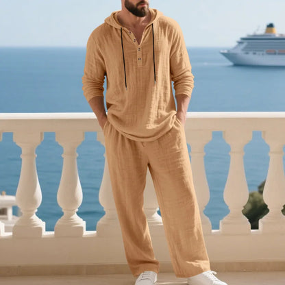 Cross-border Autumn Linen Men's Casual Suit Loose Hooded Henley Shirt Long Sleeve Pants Suit