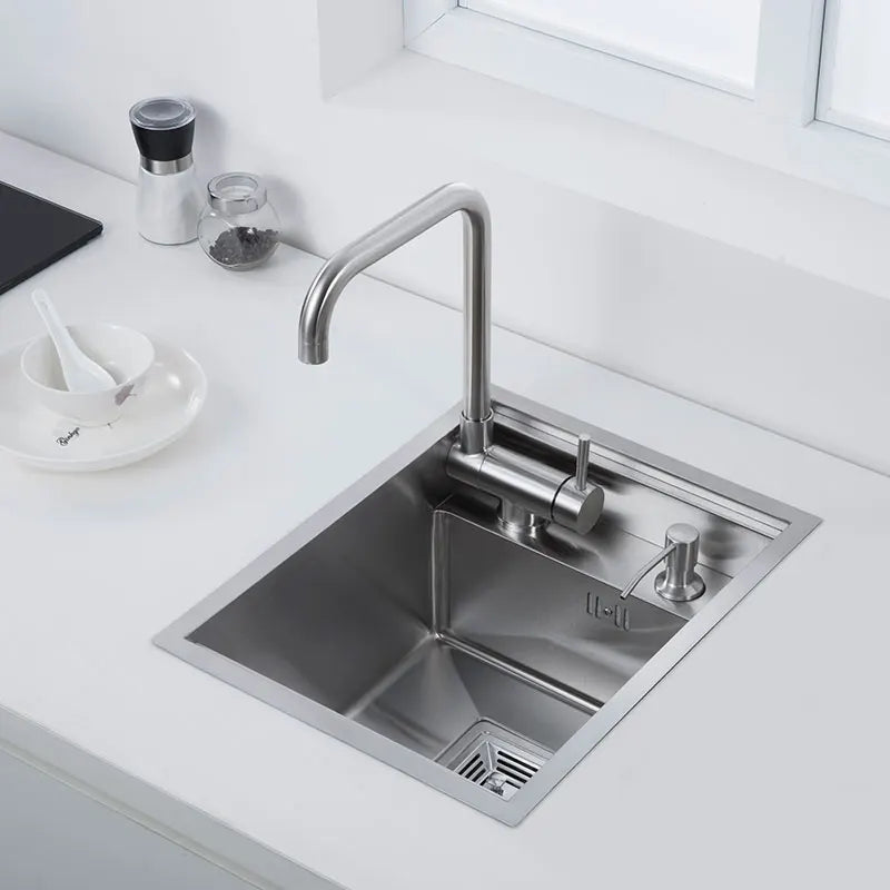 Küchenspüle aus Edelstahl 304, für Inselbar, gebürstete Oberfläche mit faltbarem Wasserhahn, Deckelabdeckung, Seifenspender, Gemüsebeckenwaschbecken