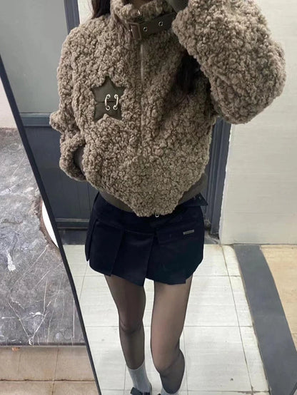 Winter Lamm Wolle Vintage Jacke Frauen Stehen Kragen Faul Wind Casual Zipper Mäntel Langarm 3D Dekoration Lose Geerntete Jacken
