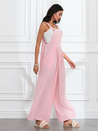 Women Fashion Jumpsuits Sleeveless Buttons Suspender Wide Leg Pant Overalls with Pockets Casual Loose Romper Streetwear.