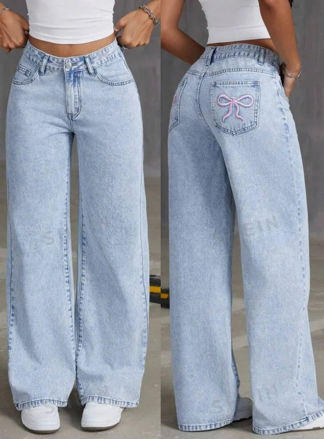 Jean Straight Pants Women Denim Washed Jeans Full Length Mom Embroidery Pockets Loose High Waist Vintage Zipper Fly Spliced.