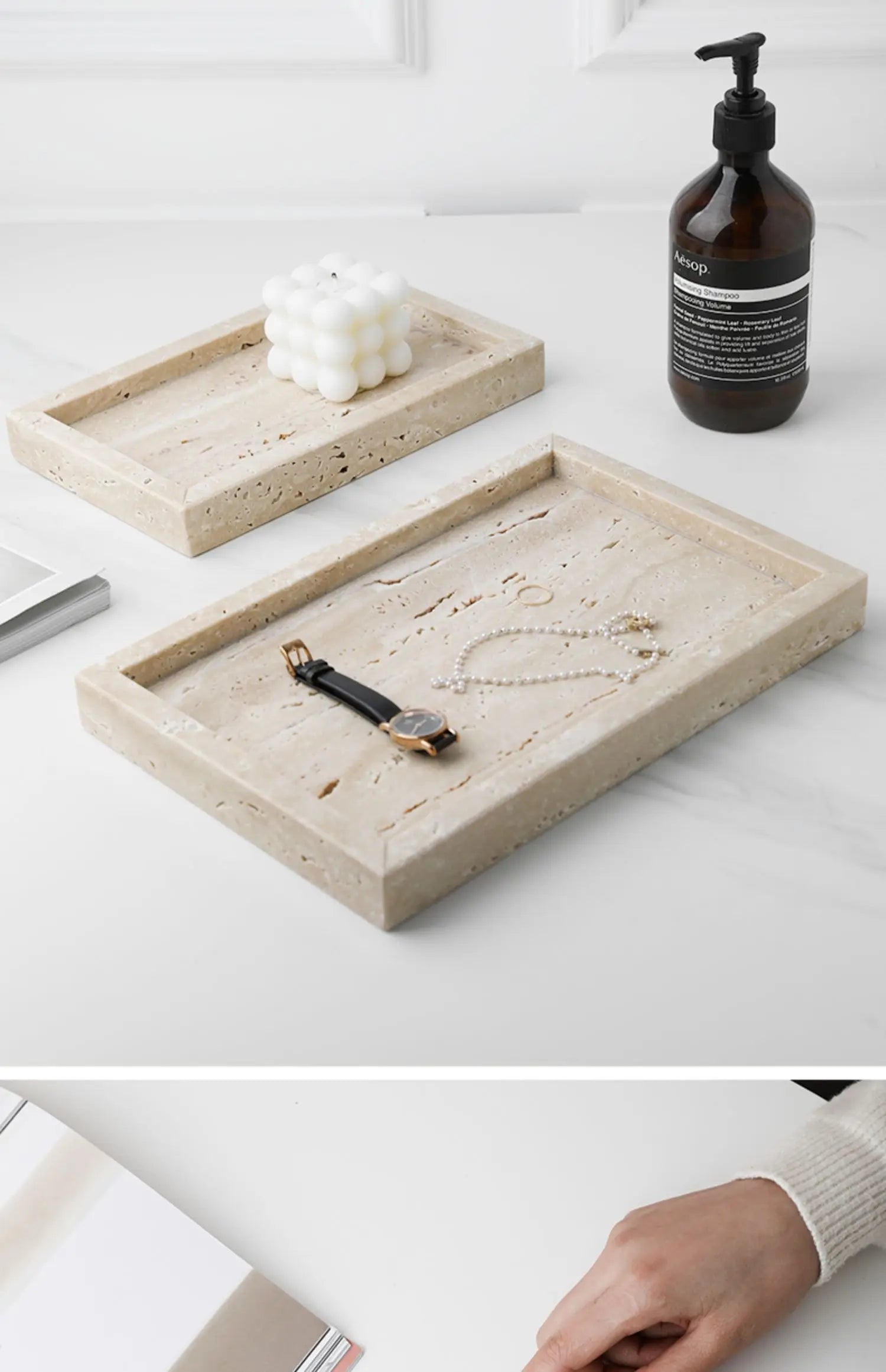 Minimalism Marble Tray for Perfume Candles Jewelry Travertine Stone Vanity Tray for Dresser Countertop Coffee Table Serving.