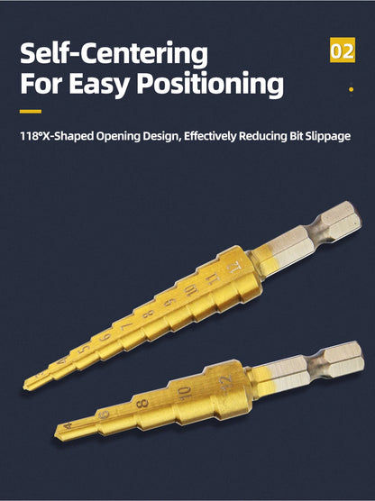 TOOLEYE HSS Titan Stufenbohrer Bühnenbohrer für Metall Holz Hochgeschwindigkeits-Stufenbohrer-Set Elektrowerkzeuge 3-12 4-12 4-20 4-32 mm