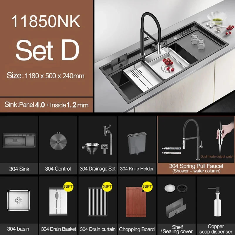 ASRAS New Nanometer Kitchen Sink Handmade Sink 4mm Thickness 240mm Depth Large Size Single Kitchen Sink With Drain Plate Sinks
